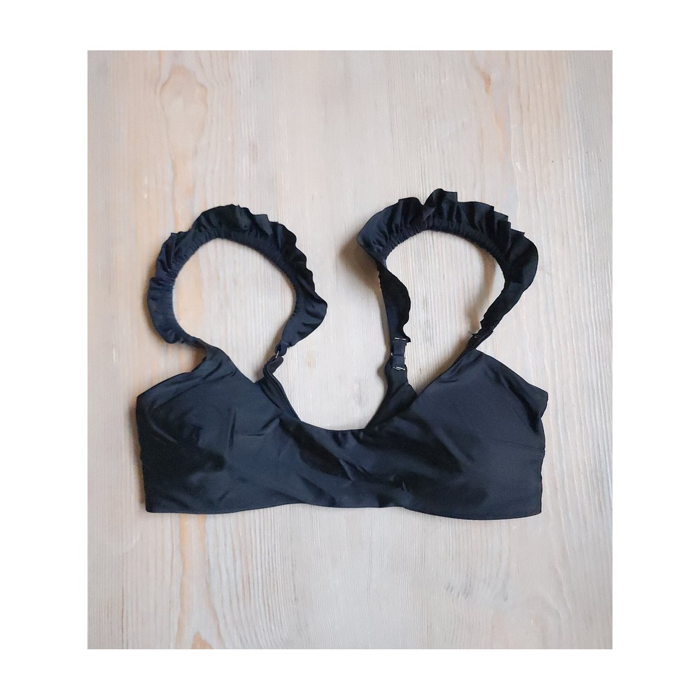 Aerie Coquette Ruffle Strap Scoop Bikini Top Women L Black Swim Beach Classy NWT